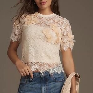 Sunday In Brooklyn Cream Lace 3D Flowers Floral Short Sleeve Blouse Shirt XXS